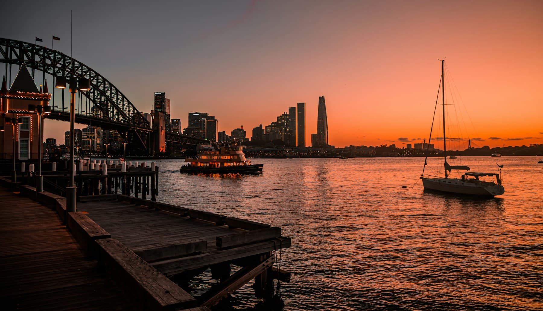 Sydney Harbour, the Opera House and Harbour Bridge at sunset